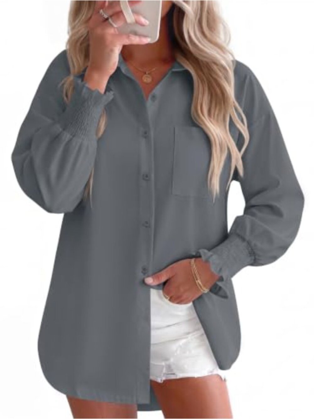 Gleeivy Womens Button Down Shirt Smocked Puff Sleeve Oversized Blouse